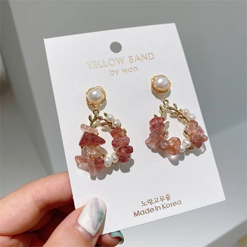 Pink crystal and pearl leaf design alloy earrings silver plated gold plated Japanese Korean style women