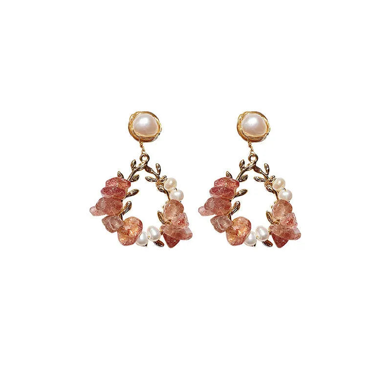 Pink crystal and pearl leaf design alloy earrings silver plated gold plated Japanese Korean style women