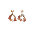 Pink crystal and pearl leaf design alloy earrings silver plated gold plated Japanese Korean style women