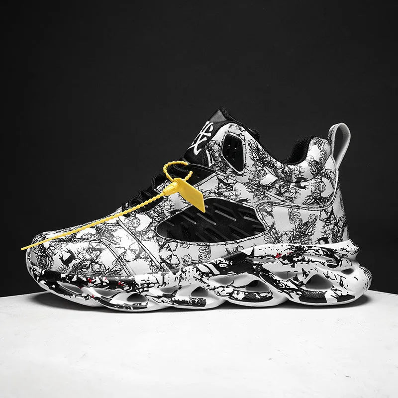 Men's camouflage pattern high-top basketball shoes on a white background.