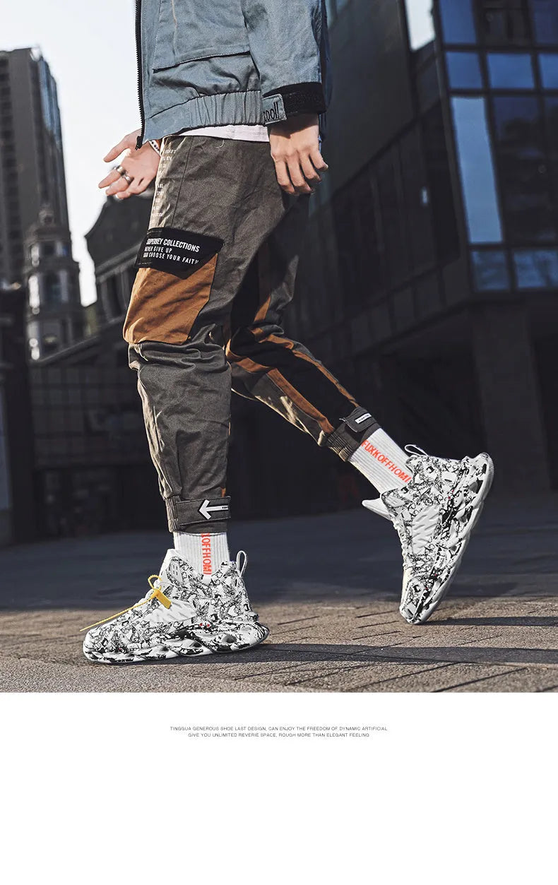 Men's camouflage pattern high-top basketball shoes on a white background.