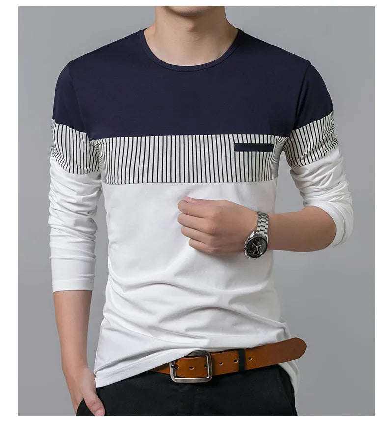 Men's slim fit cotton casual t-shirt with vertical stripes colour blocking in navy, long sleeves, round neck