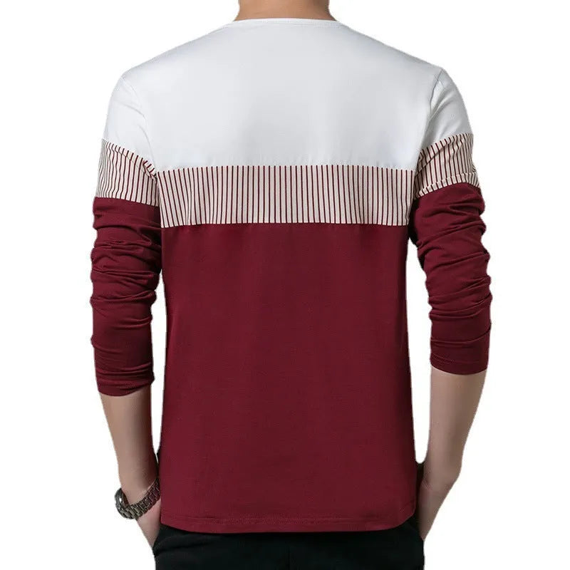 Men's slim fit cotton casual t-shirt with vertical stripes colour blocking in navy, long sleeves, round neck