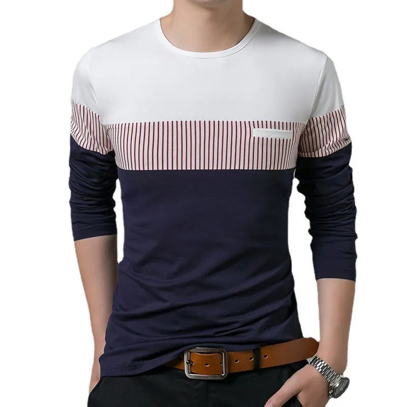 Men's slim fit cotton casual t-shirt with vertical stripes colour blocking in navy, long sleeves, round neck