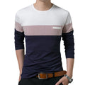 Men's slim fit cotton casual t-shirt with vertical stripes colour blocking in navy, long sleeves, round neck