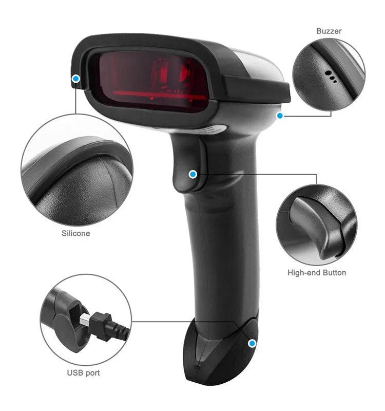Black wireless handheld laser barcode scanner with USB interface shown from multiple angles