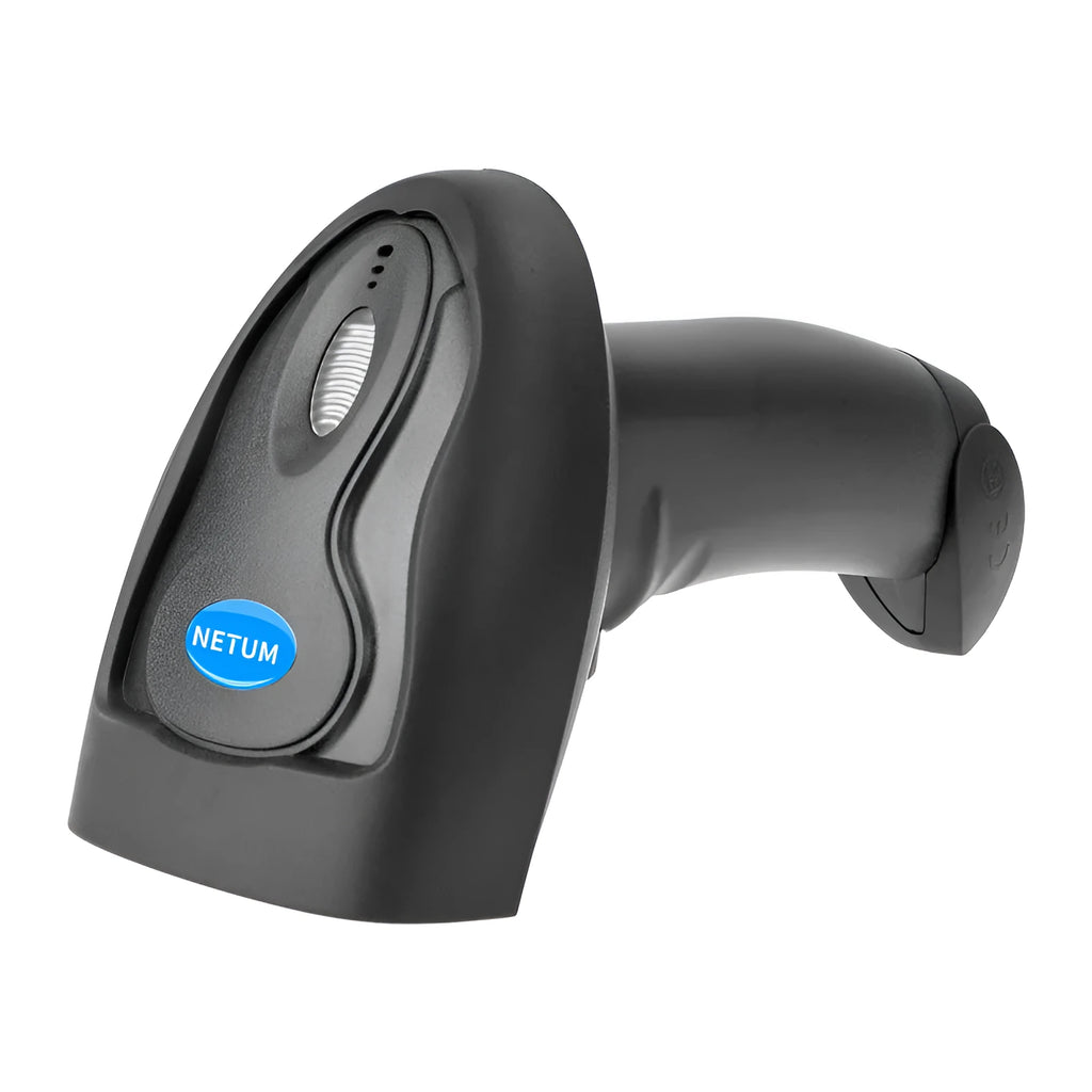 Black wireless handheld laser barcode scanner with USB interface shown from multiple angles