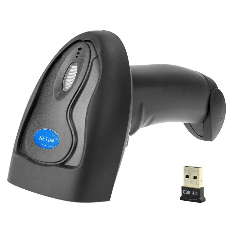 Black wireless handheld laser barcode scanner with USB interface shown from multiple angles