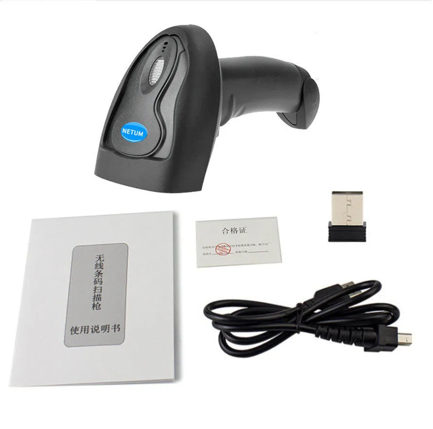 Black wireless handheld laser barcode scanner with USB interface shown from multiple angles