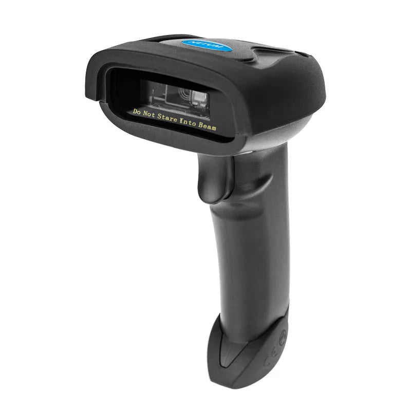 Black wireless handheld laser barcode scanner with USB interface shown from multiple angles