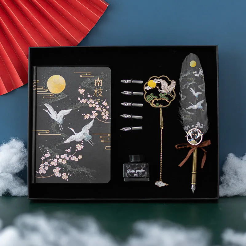 Chinese style metal feather pen with traditional calligraphy nibs and notebook gift set