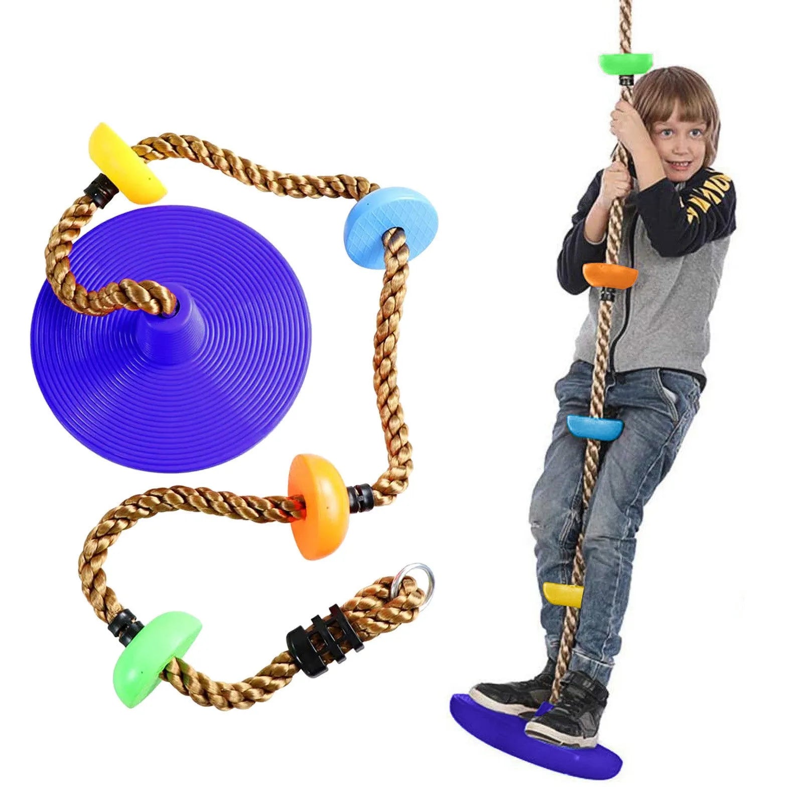 Plastic children's swing set with four colourful platforms on a climbing rope in a backyard