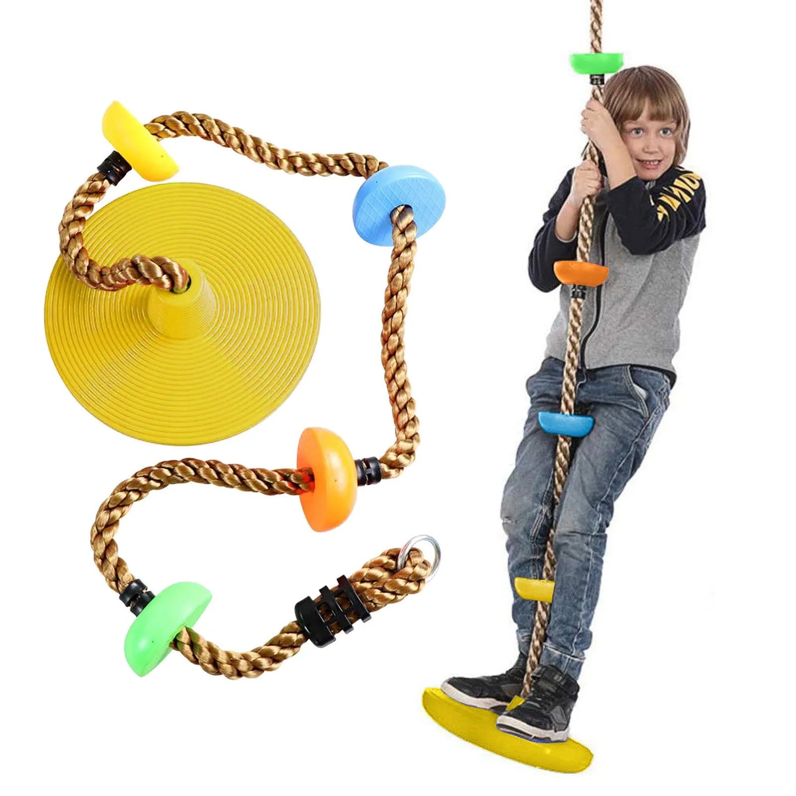 Plastic children's swing set with four colourful platforms on a climbing rope in a backyard