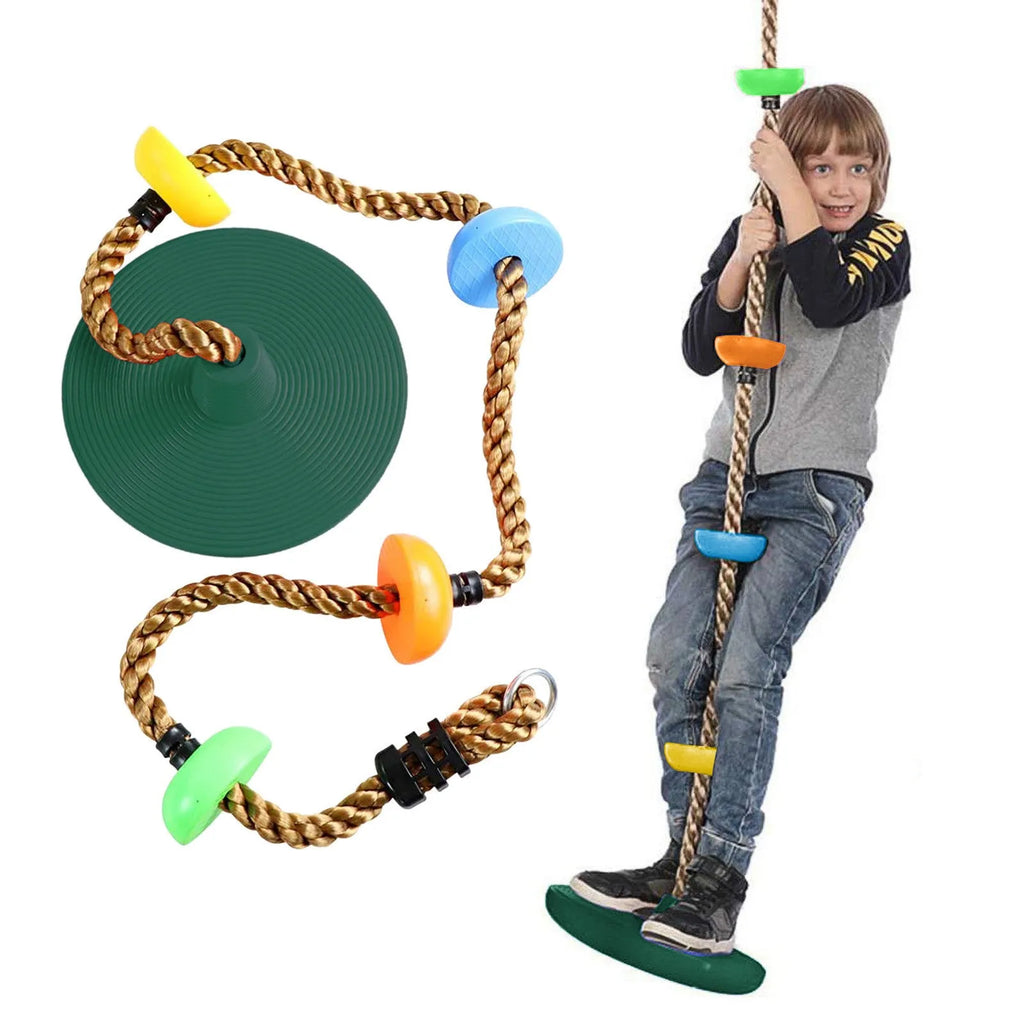 Plastic children's swing set with four colourful platforms on a climbing rope in a backyard