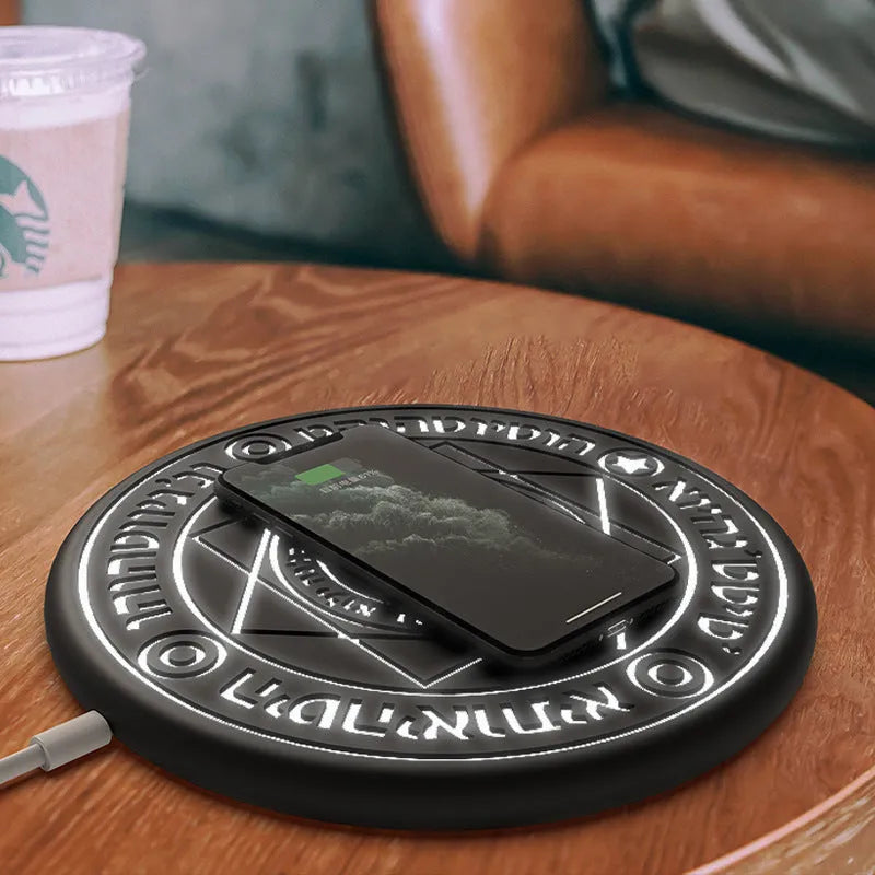 Square wireless phone charger with magic array pattern design showing ultra-thin 1.5cm profile