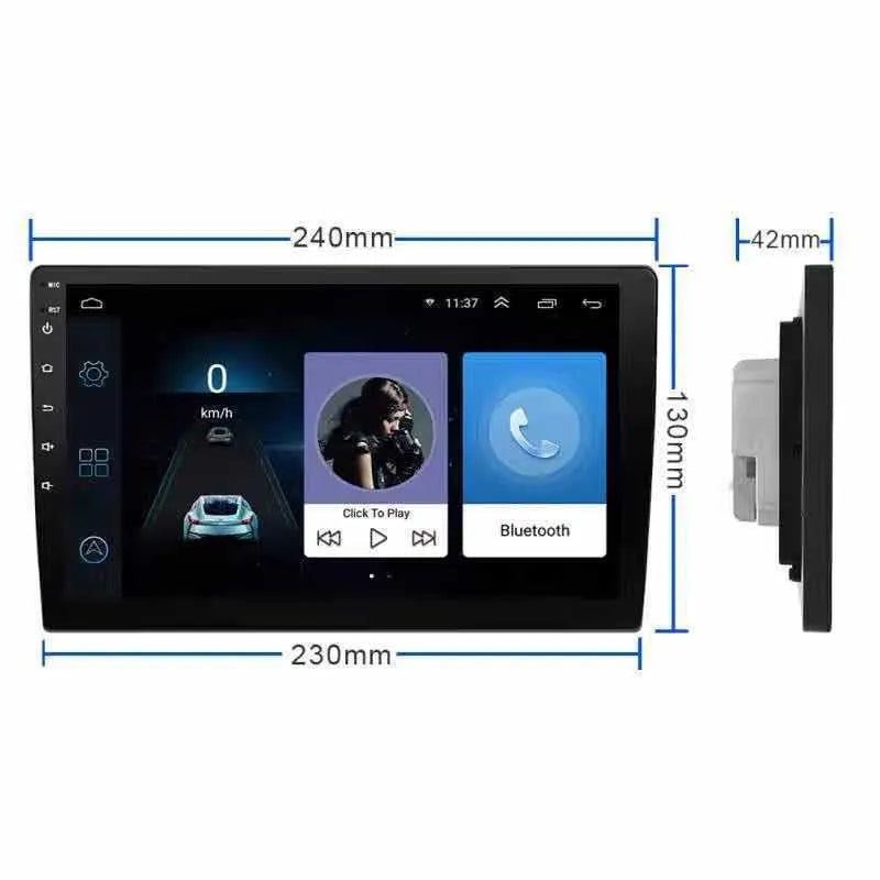 Black Android car GPS navigator with a large 10-inch rotating LCD screen designed for GM vehicles.