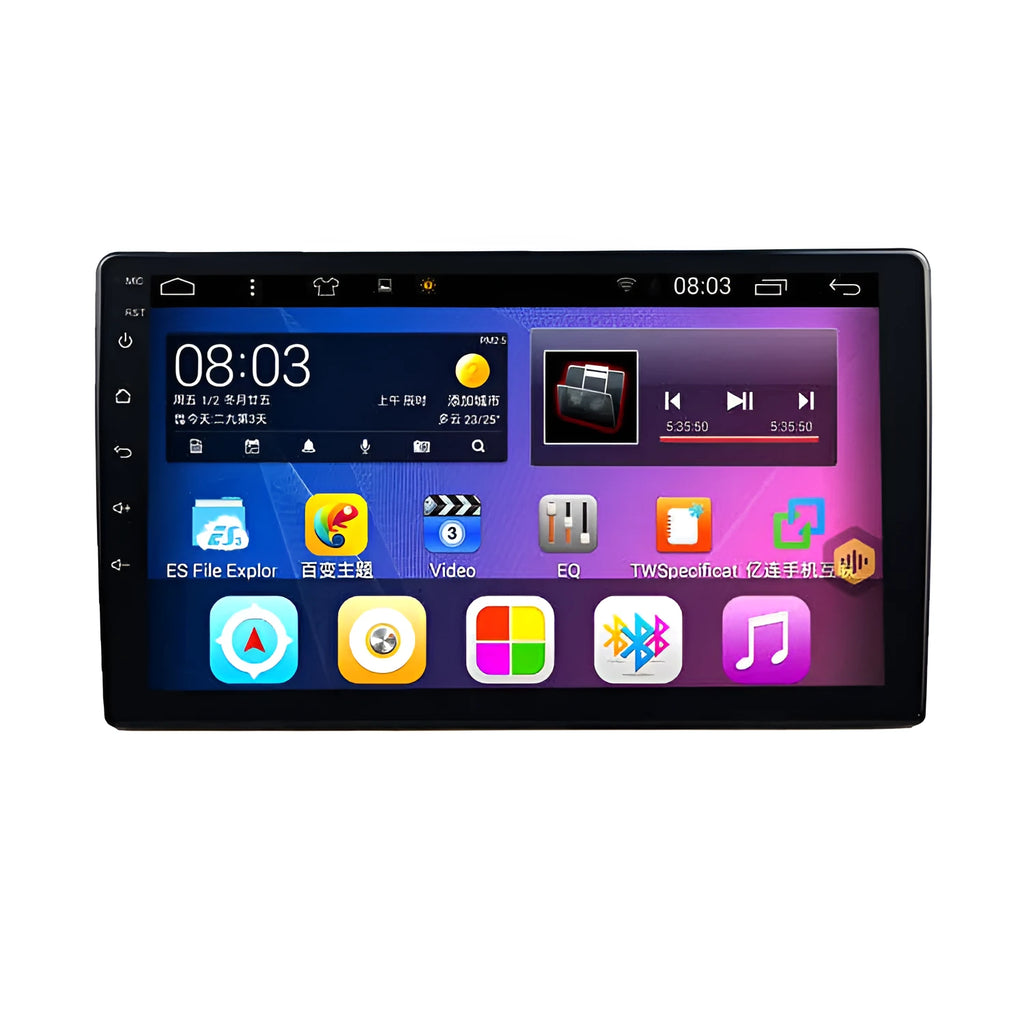 Black Android car GPS navigator with a large 10-inch rotating LCD screen designed for GM vehicles.