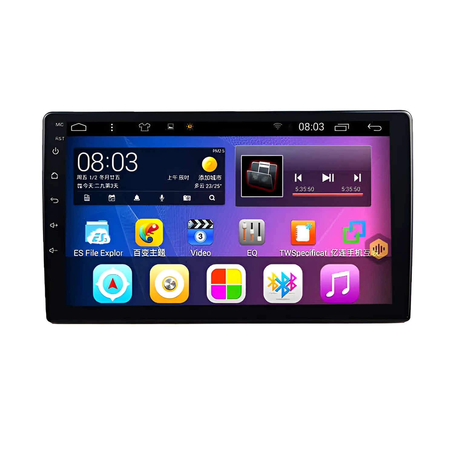 Black Android car GPS navigator with a large 10-inch rotating LCD screen designed for GM vehicles.