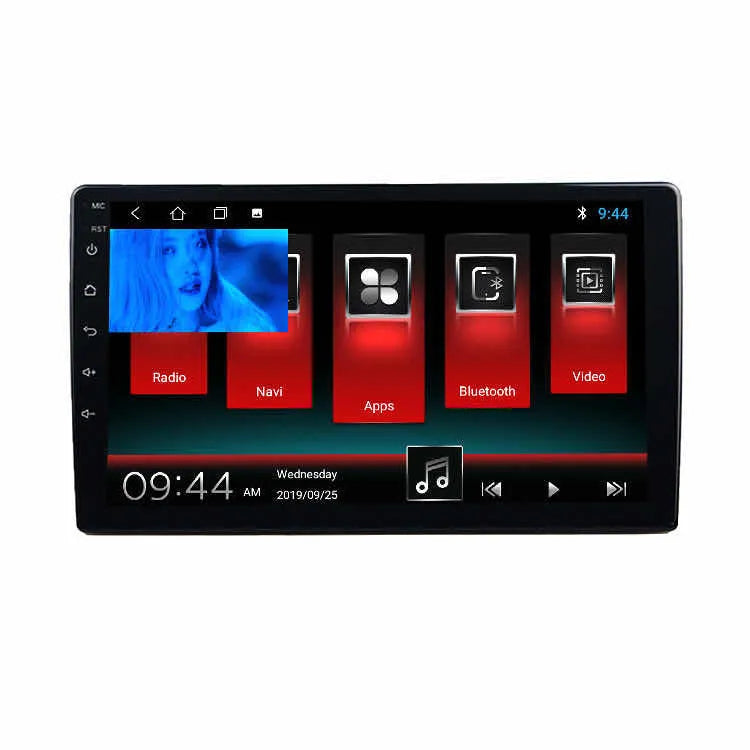 Black Android car GPS navigator with a large 10-inch rotating LCD screen designed for GM vehicles.