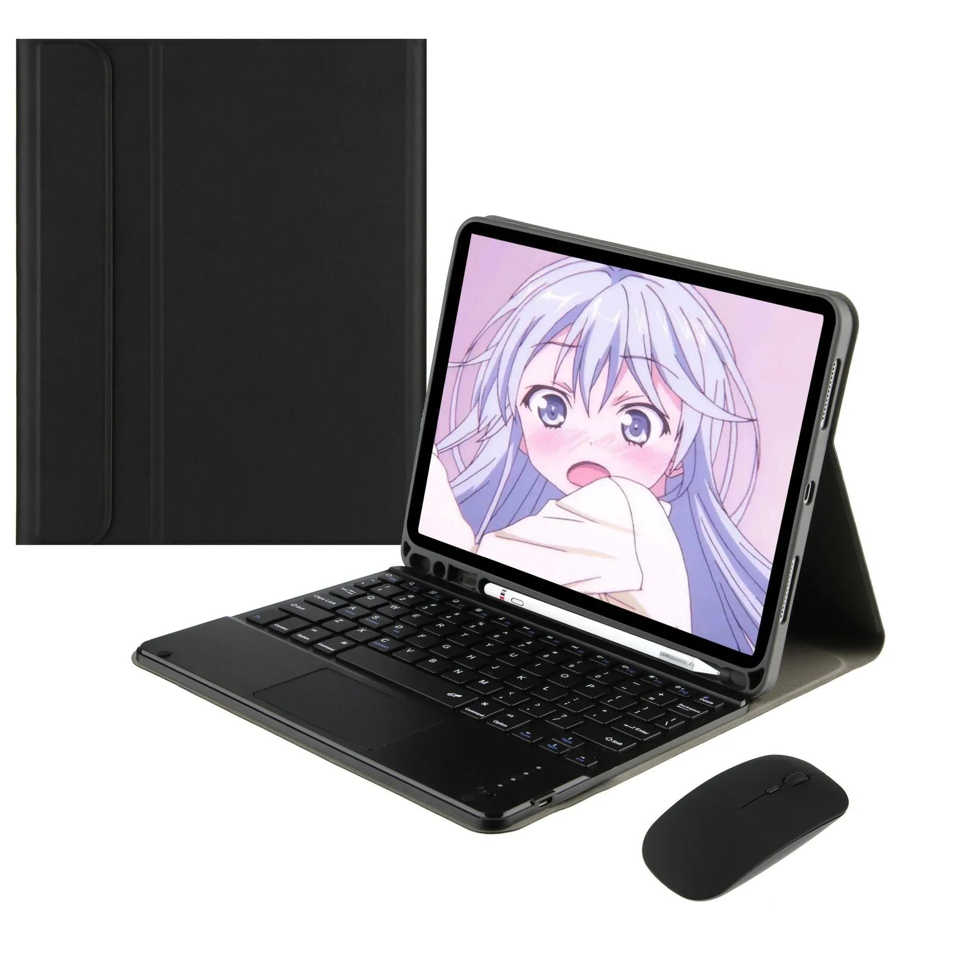 Black imitation leather clamshell iPad keyboard case with Bluetooth touch keyboard and dual mode mouse