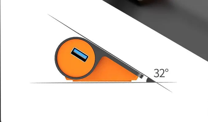 Dark grey aluminium USB hub with four USB 3.1 ports and orange accents, shown with a 100cm data cable.