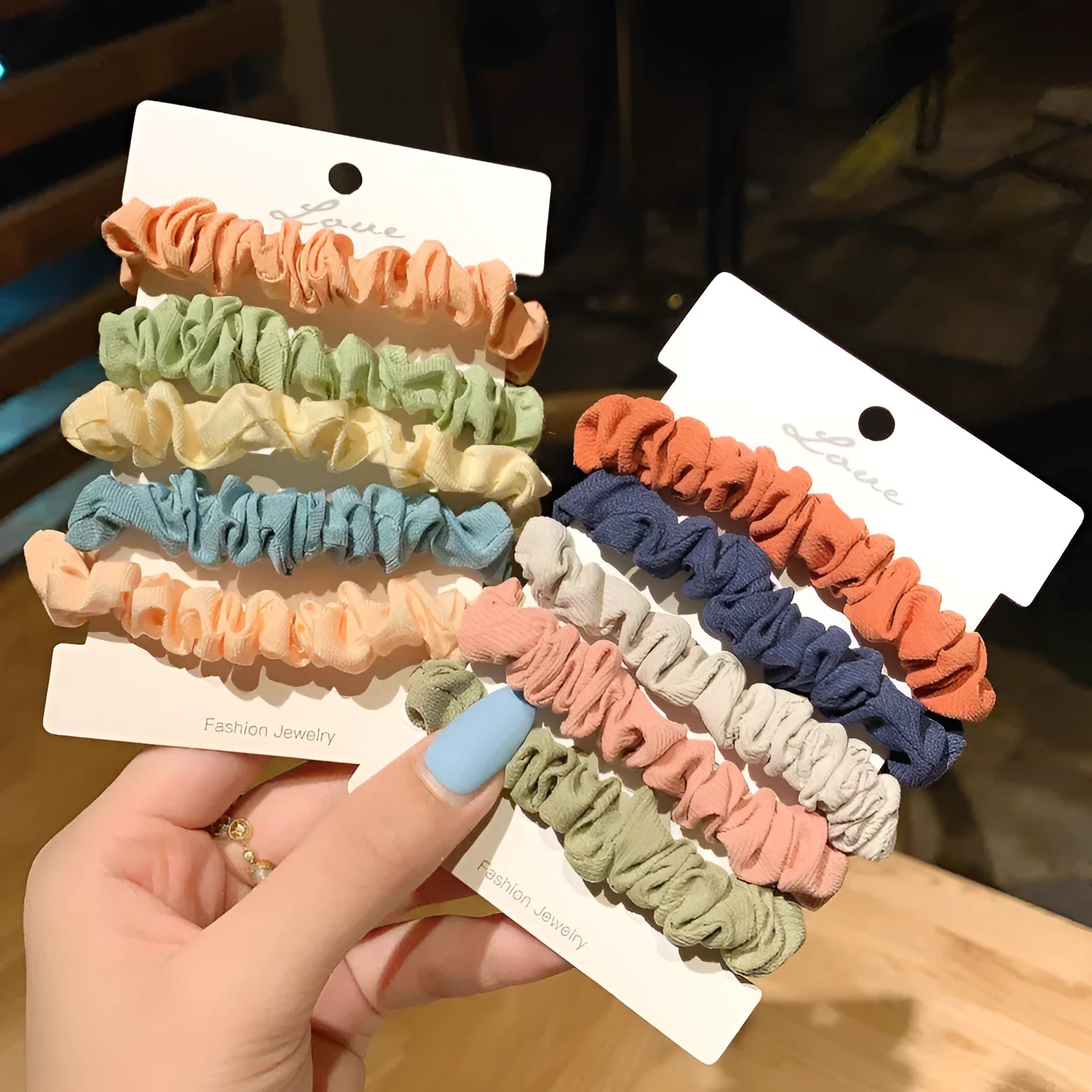Children's 20-piece hair ring set showing autumn colours and macaron tone options