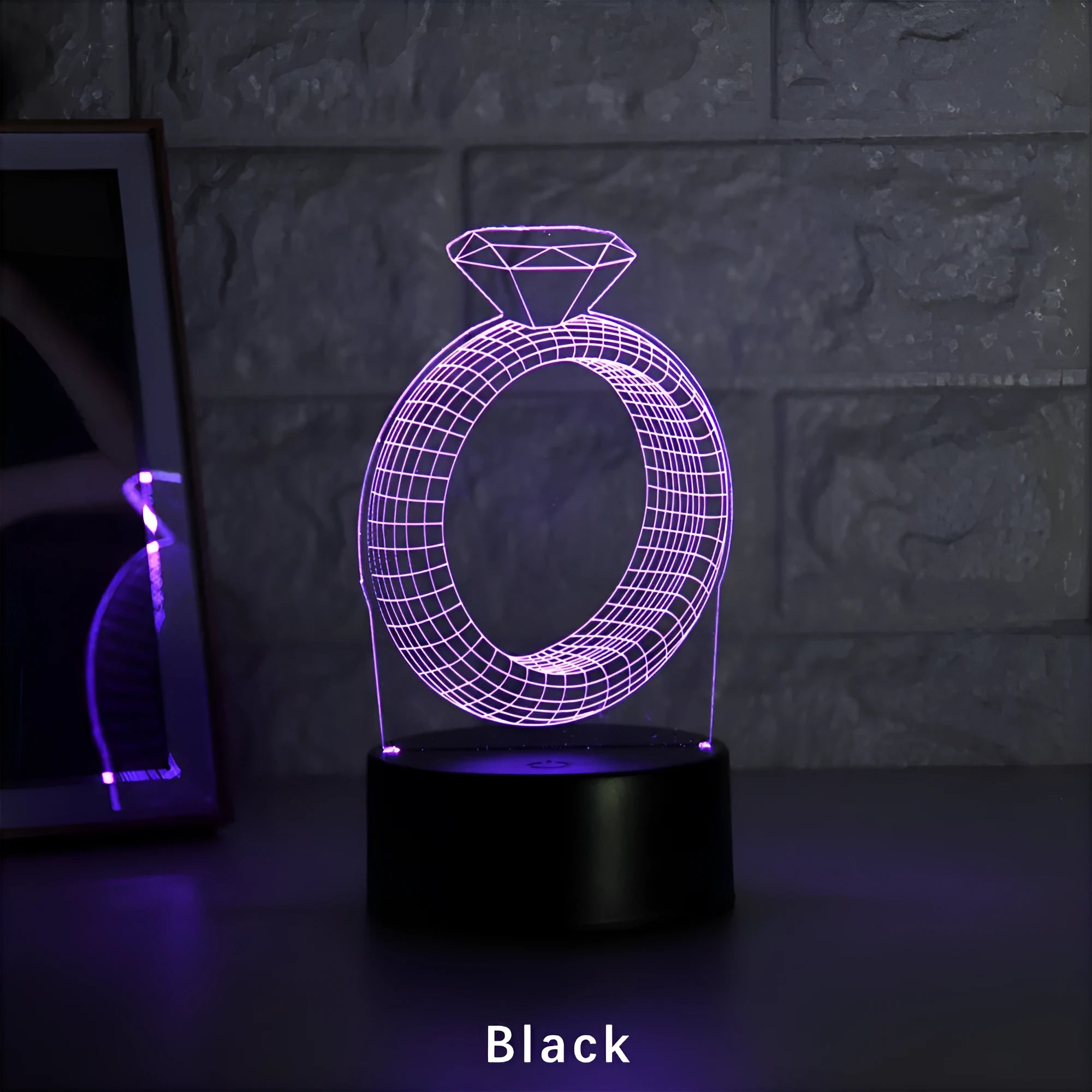 3D LED night light showing laser-engraved diamond ring design with colour-changing illumination