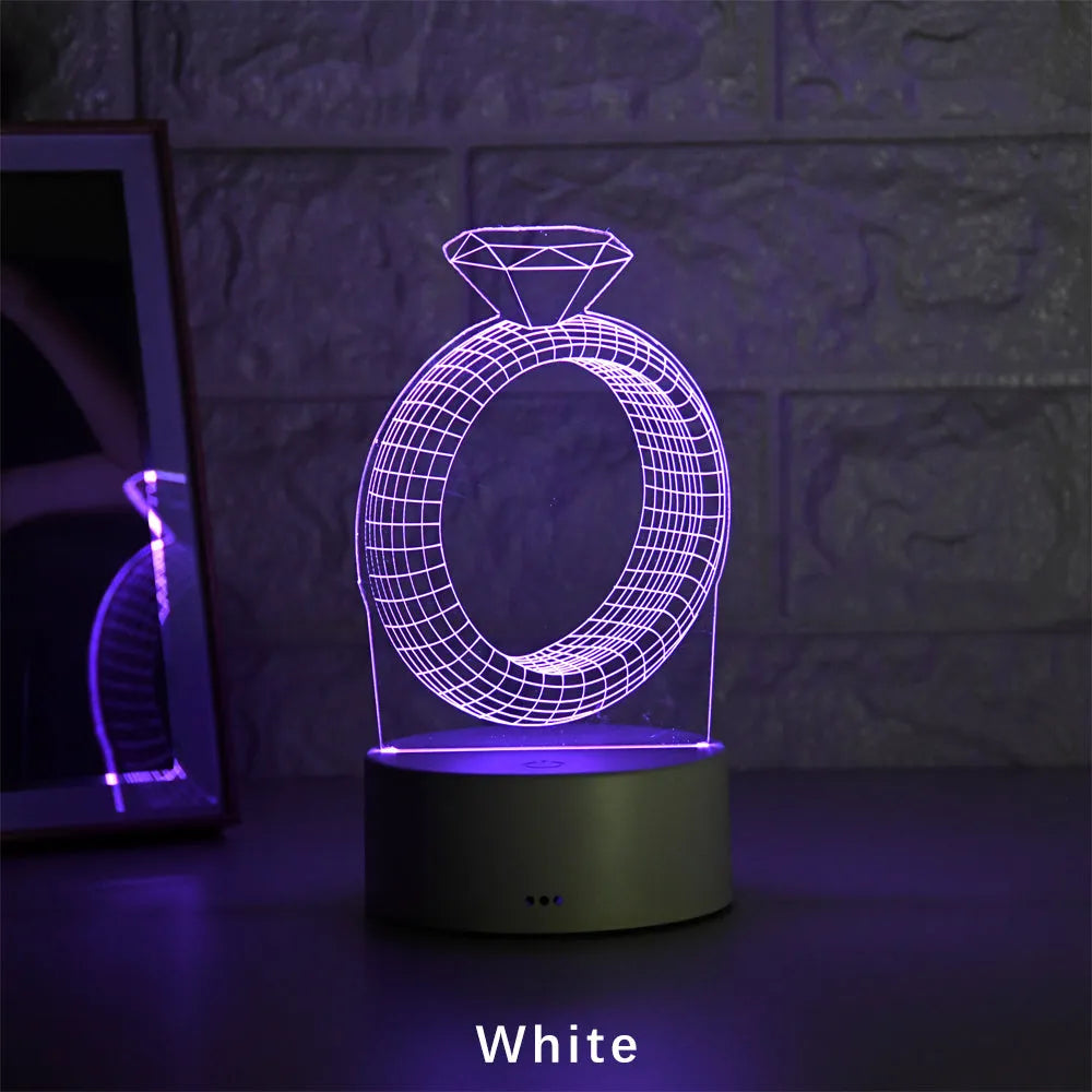 3D LED night light showing laser-engraved diamond ring design with colour-changing illumination