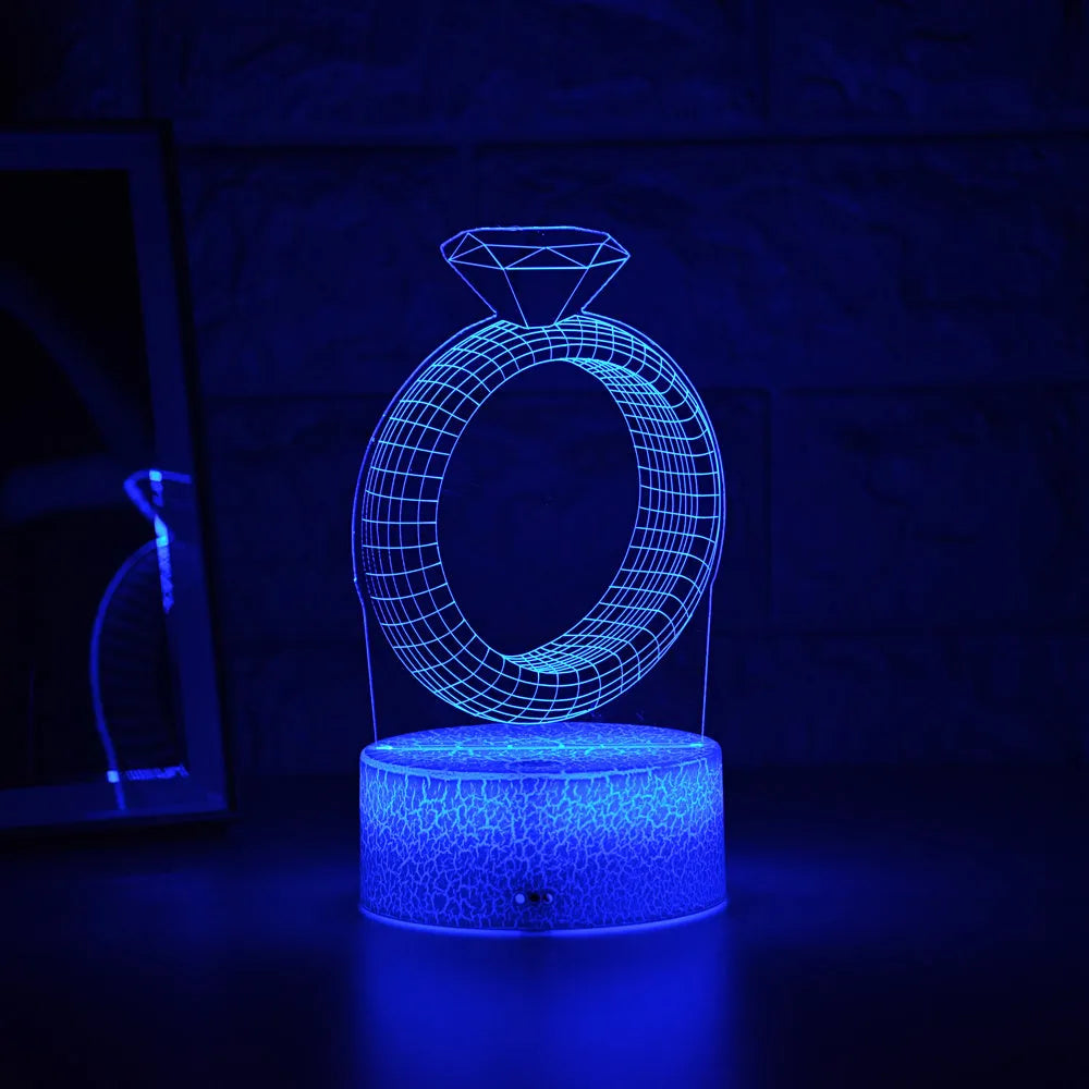 3D LED night light showing laser-engraved diamond ring design with colour-changing illumination
