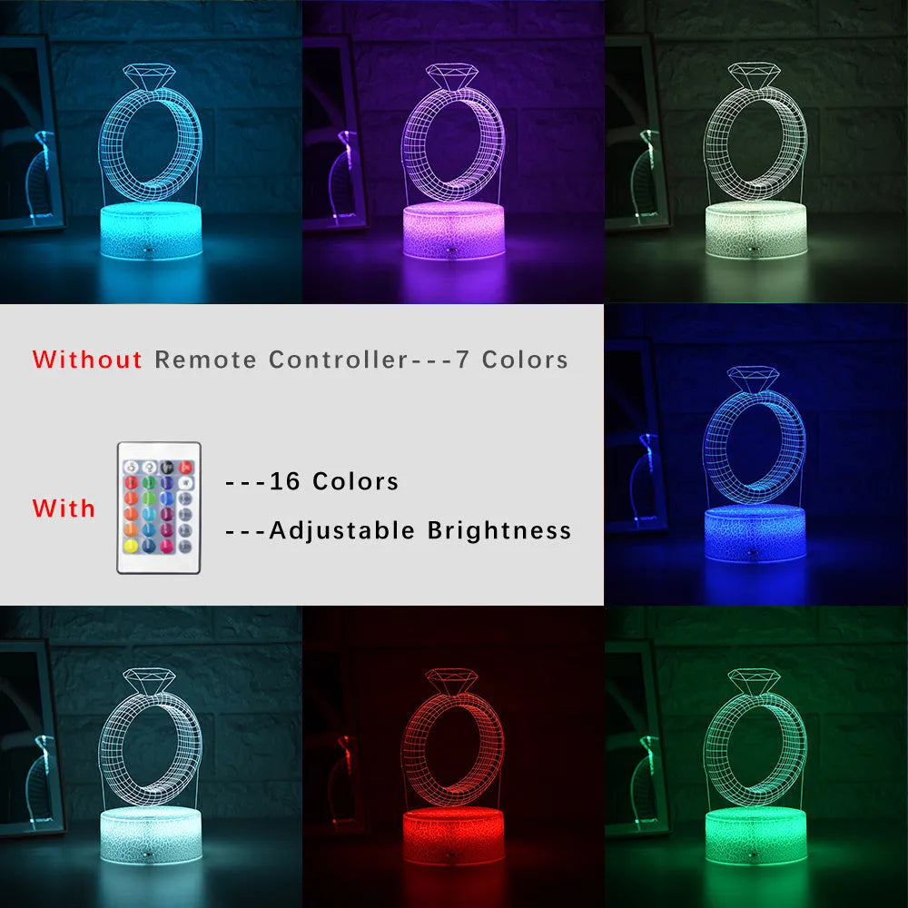 3D LED night light showing laser-engraved diamond ring design with colour-changing illumination