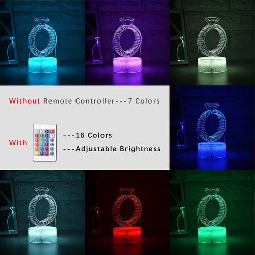 3D LED night light showing laser-engraved diamond ring design with colour-changing illumination