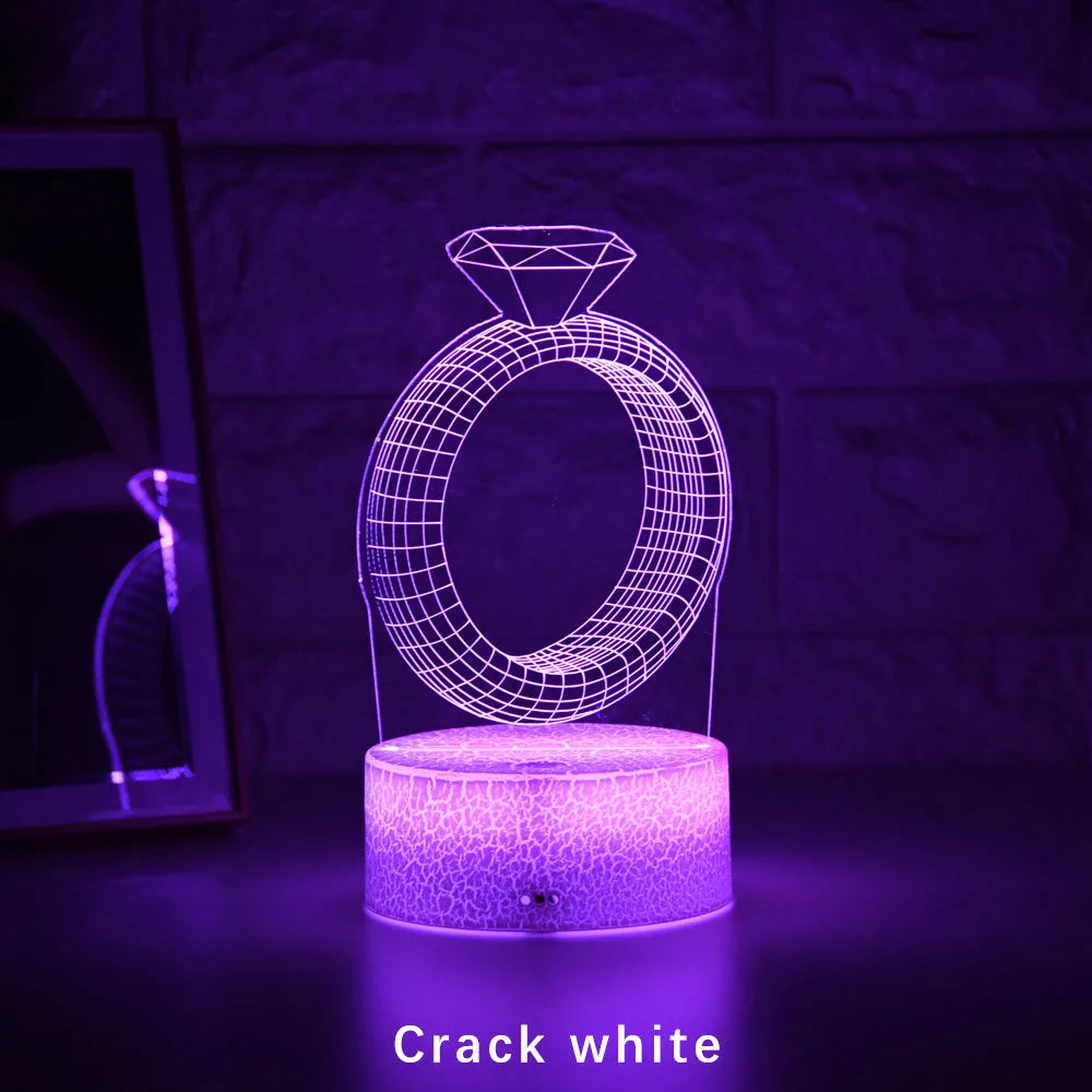 3D LED night light showing laser-engraved diamond ring design with colour-changing illumination