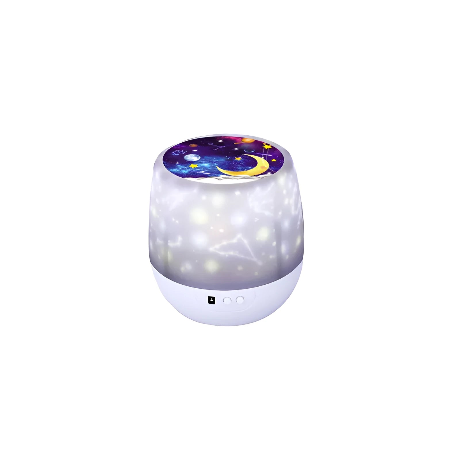 Pruixin LED projector night light projecting rotating star and moon patterns on a bedroom wall.
