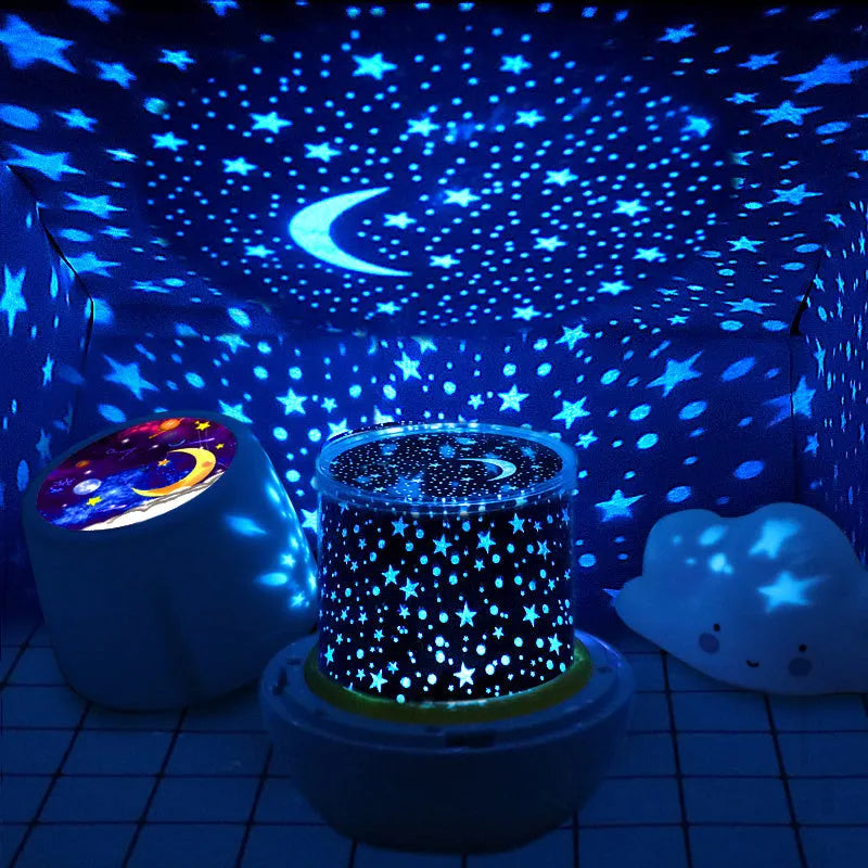 Pruixin LED projector night light projecting rotating star and moon patterns on a bedroom wall.