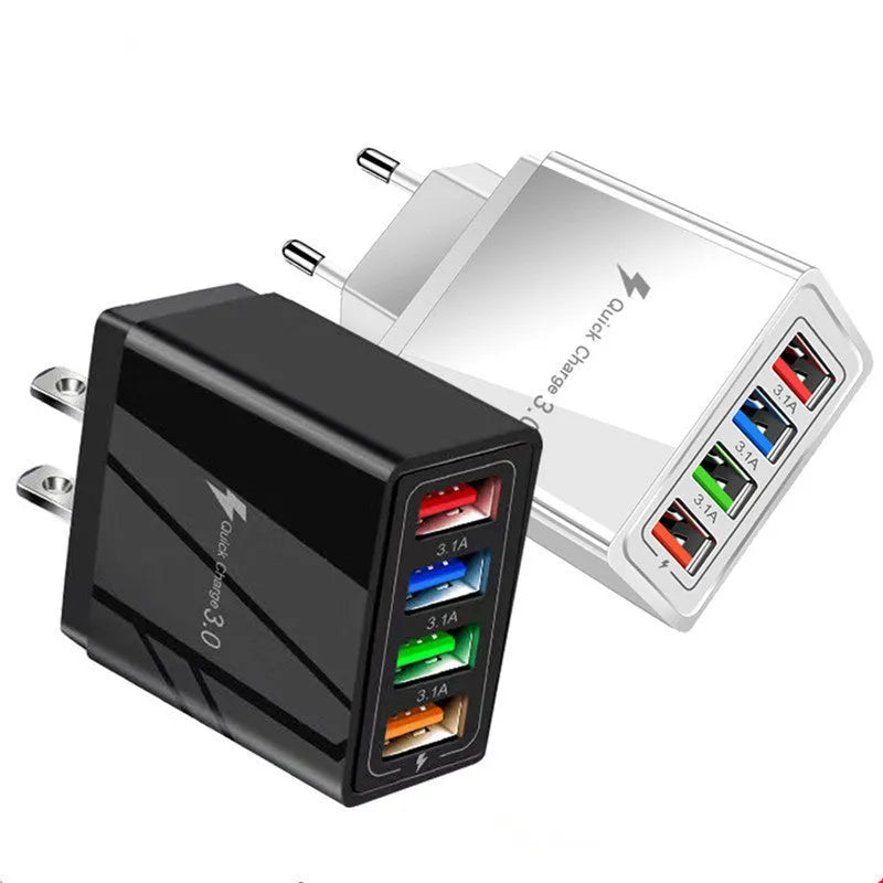 Compact luminous 4-port USB travel charger plug in dark blue colour, showing EU plug and LED light.