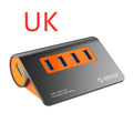 Dark grey aluminium USB hub with four USB 3.1 ports and orange accents, shown with a 100cm data cable.