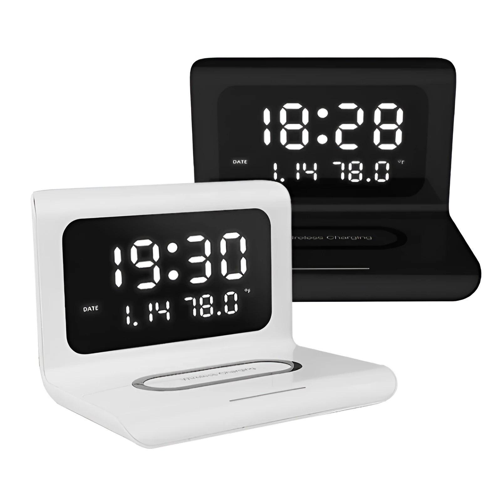 Wireless charger alarm clock with digital display showing time, calendar, temperature and humidity readings