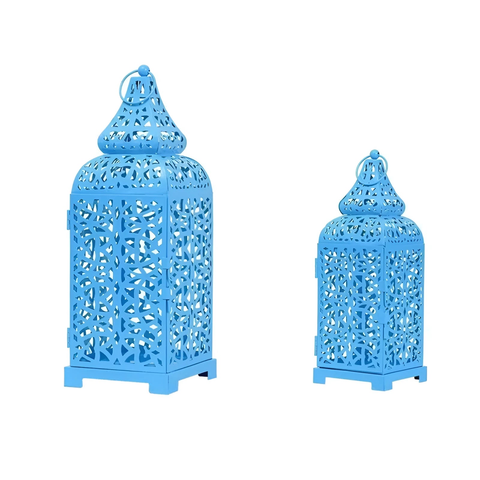 Geometric hollow metal candelabra in retro design for tabletop decoration.