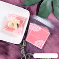 Pink self-adhesive plastic packaging bags for handmade soap measuring 7x7cm with 3cm flap