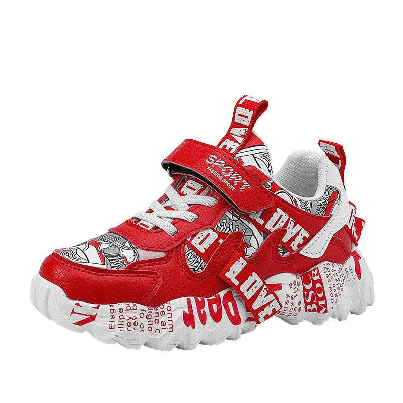 Children's sneakers with Velcro fastening and rubber sole in beige blue, white red, and bright red colour options