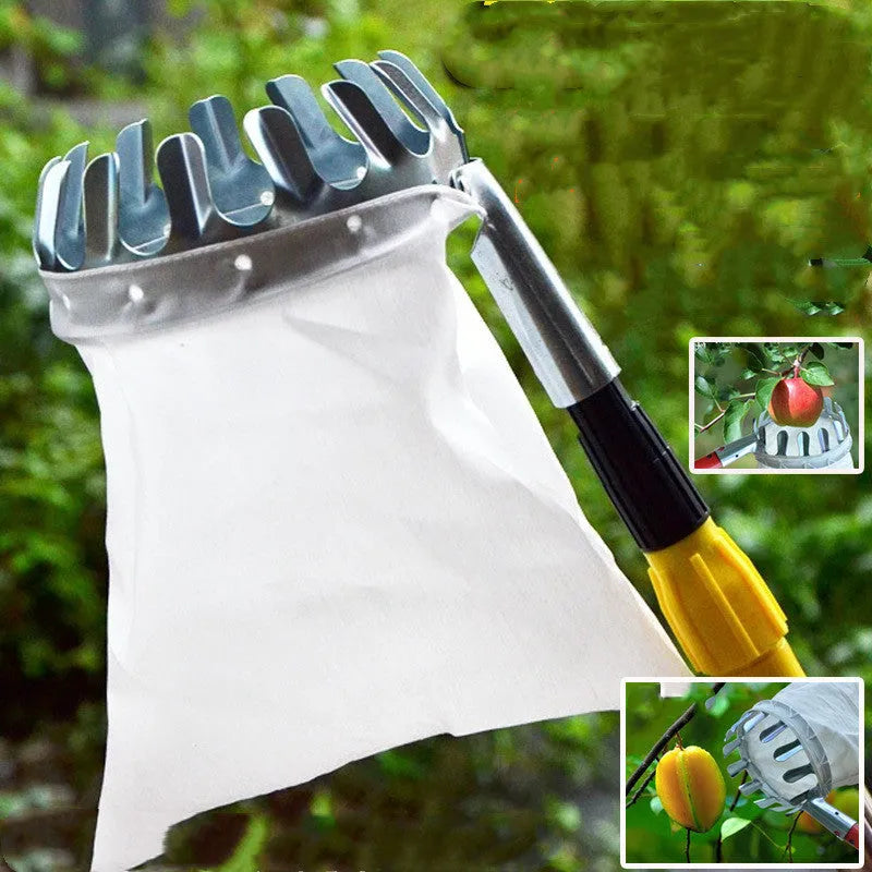 Portable fruit picker with steel frame and cloth bag catcher for garden harvesting