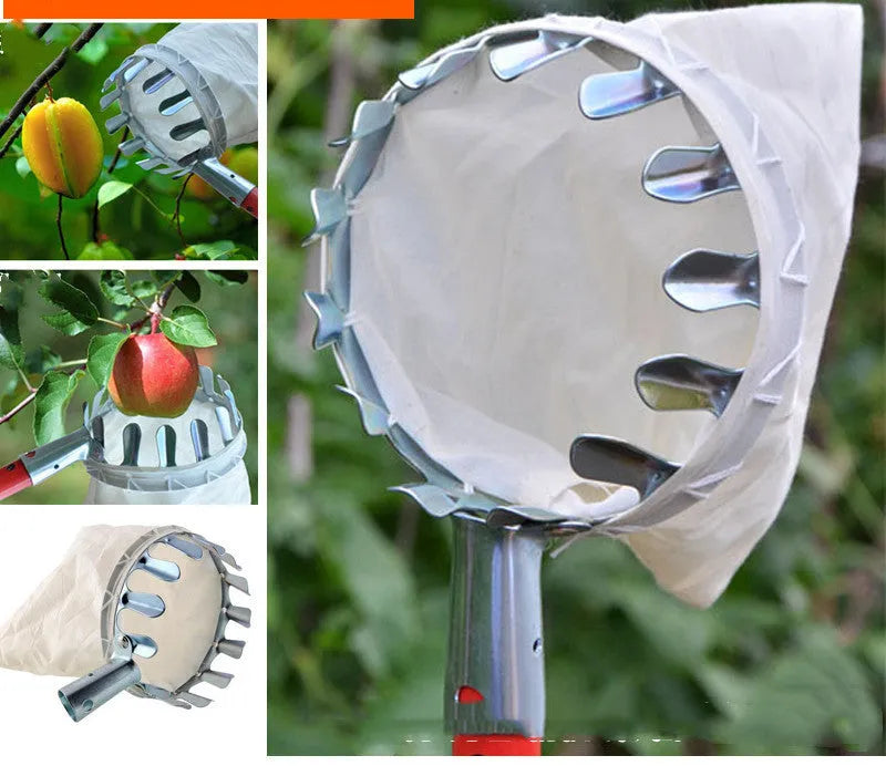 Portable fruit picker with steel frame and cloth bag catcher for garden harvesting