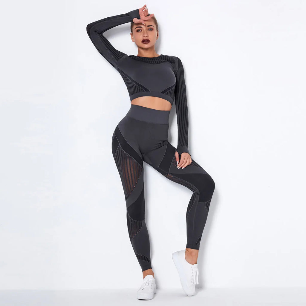 Women's seamless knitted long sleeve yoga wearsuit in a striped pattern, shown in a neutral colour.