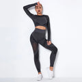 Women's seamless knitted long sleeve yoga wearsuit in a striped pattern, shown in a neutral colour.
