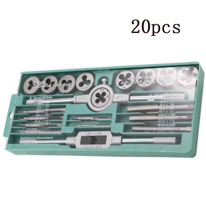 Metric tap and die set with 20-piece silver and titanium-plated alloy steel options for hand thread cutting