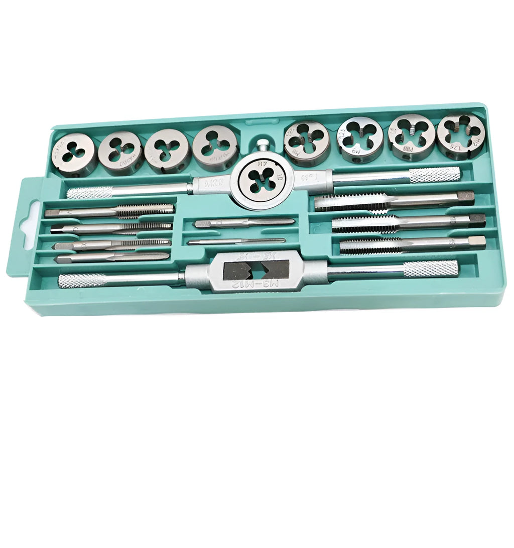 Metric tap and die set with 20-piece silver and titanium-plated alloy steel options for hand thread cutting
