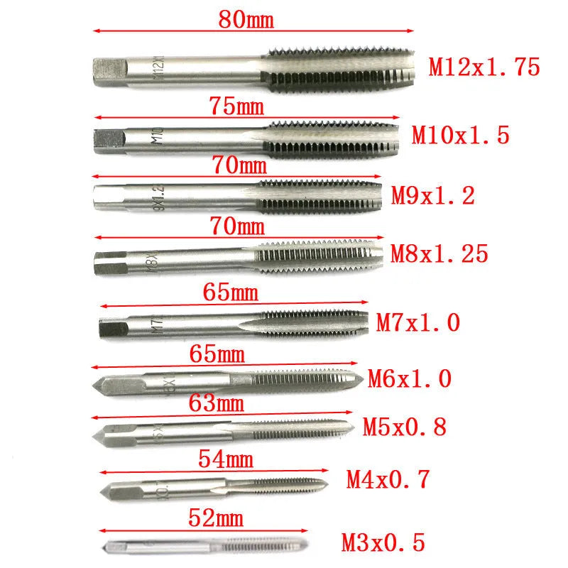 Metric tap and die set with 20-piece silver and titanium-plated alloy steel options for hand thread cutting