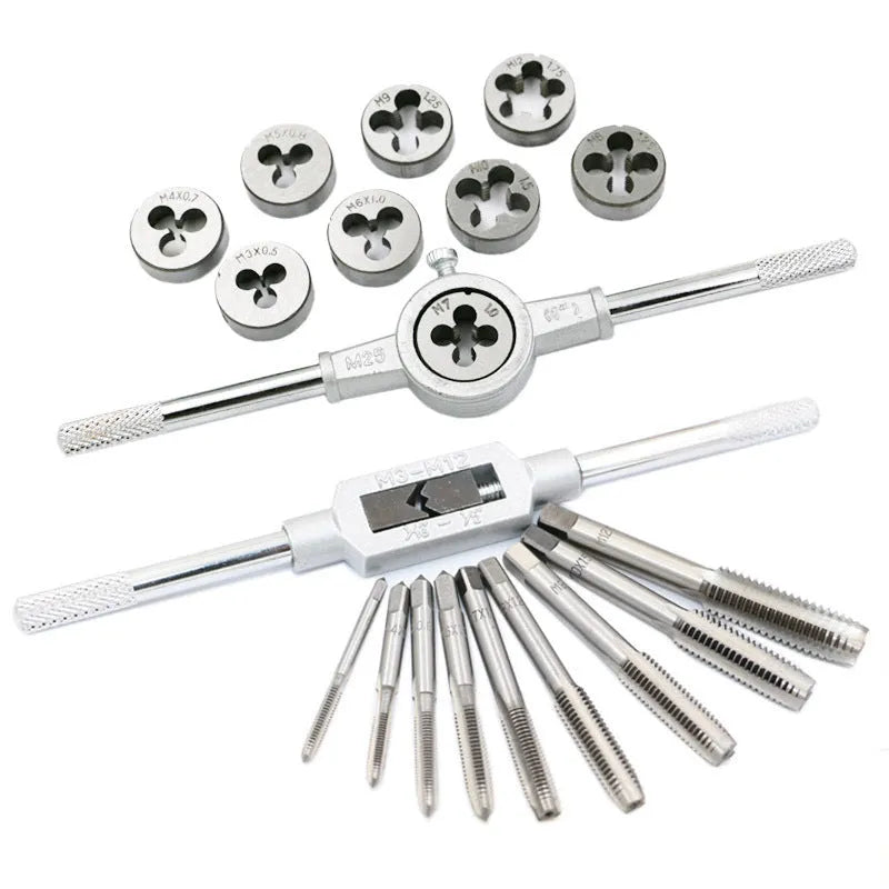Metric tap and die set with 20-piece silver and titanium-plated alloy steel options for hand thread cutting
