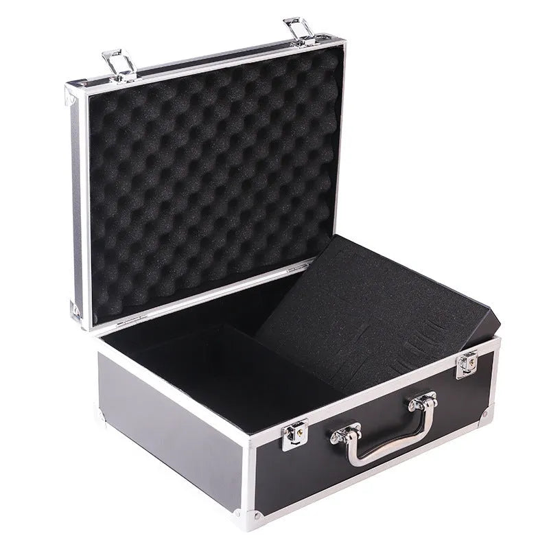 Black aluminium alloy tattoo equipment storage box for organising needles and inks.