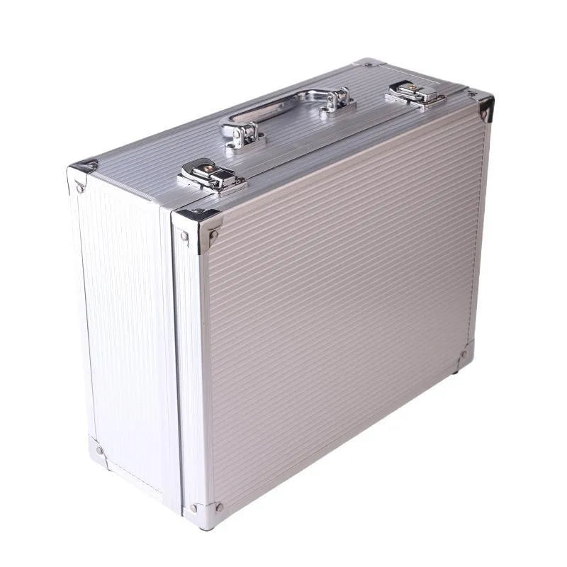 Black aluminium alloy tattoo equipment storage box for organising needles and inks.